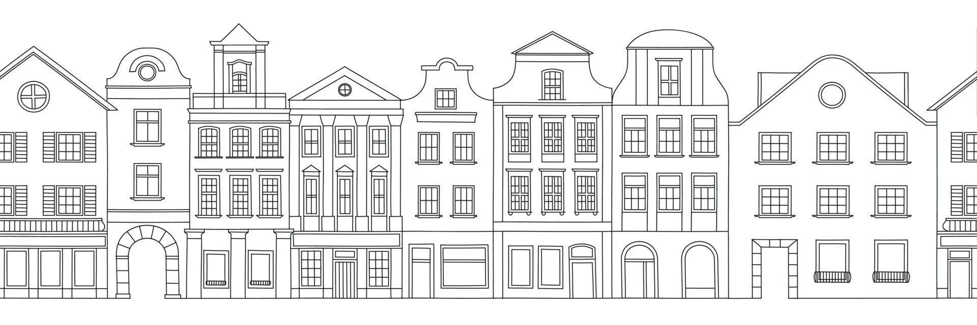 Facade of houses. European street. Netherlands. Architecture sketch. Seamless vector image.