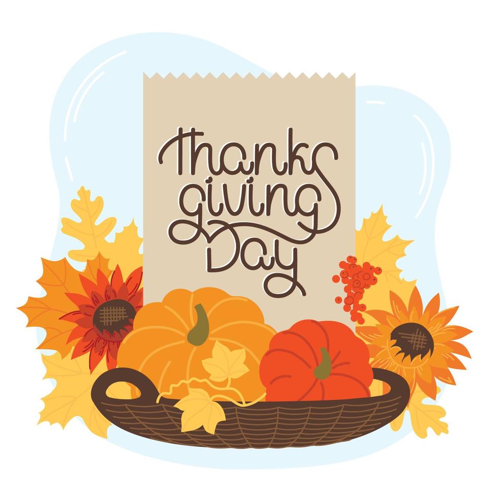 Thanksgiving day. Holiday. Autumn wreath and basket with pumpkins. Inscription. Vector image.