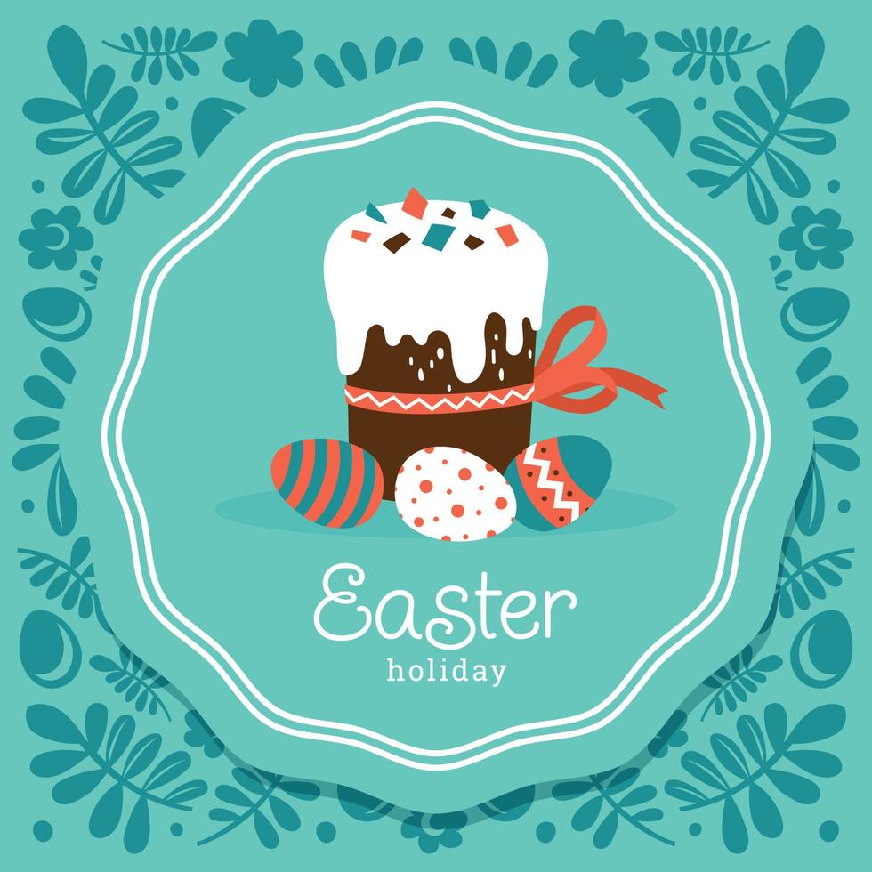 Easter holiday. Easter cake and poached eggs. Floral ornament. Vector image.