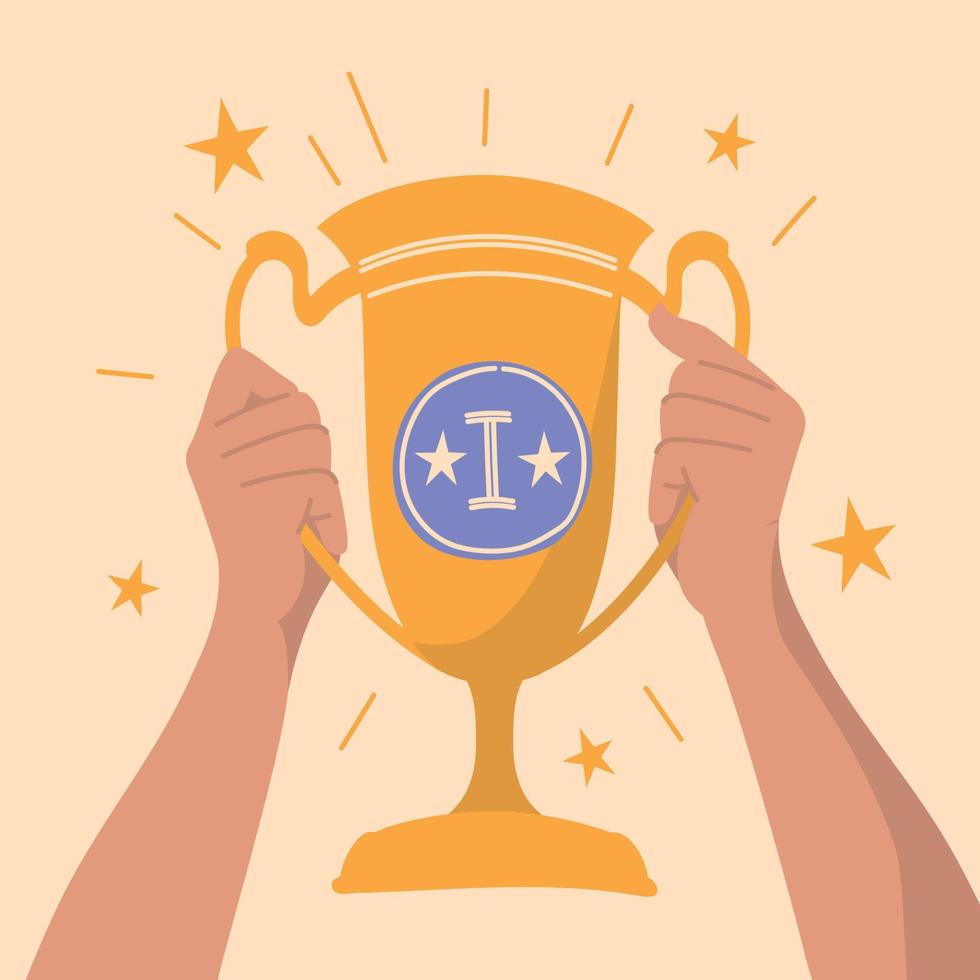 Victory people. Winner. Victory cups in the hands of people. Vector image.