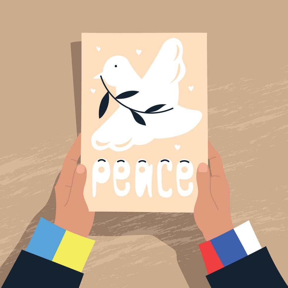 Peace between Russia and Ukraine. Hands hold a leaf with the image of a dove of peace. Vector image.