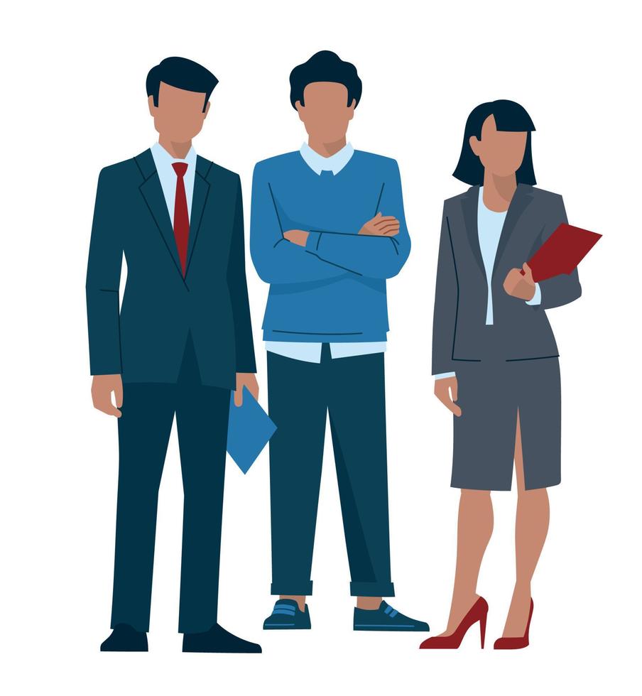 Business people. Woman and man in business suits. A representative-looking girl holds a folder in her hands. The boy folded his arms across his chest. Office staff. Vector image.