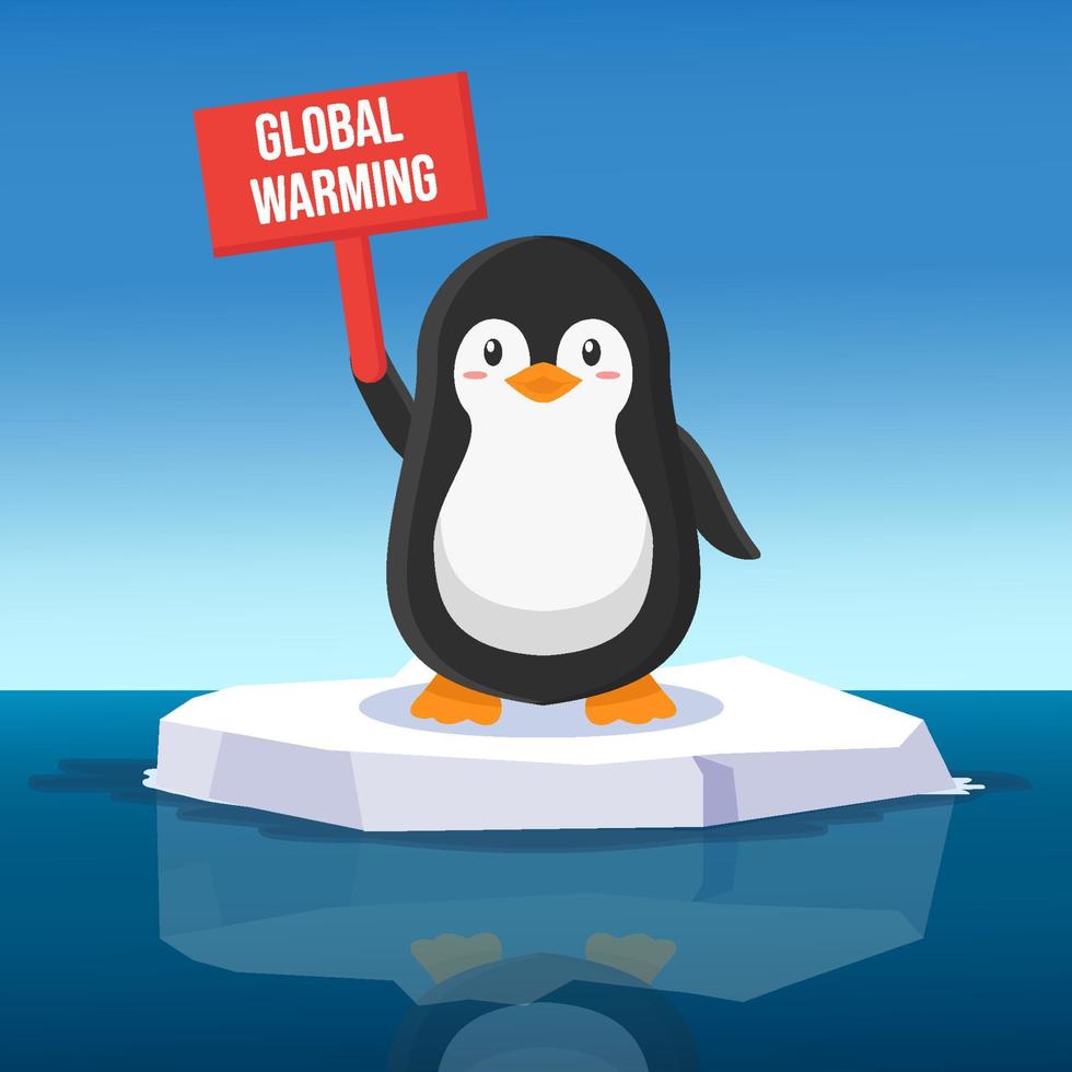 global warming illustration with a cute penguin holding global warming banner on the floating ice vector