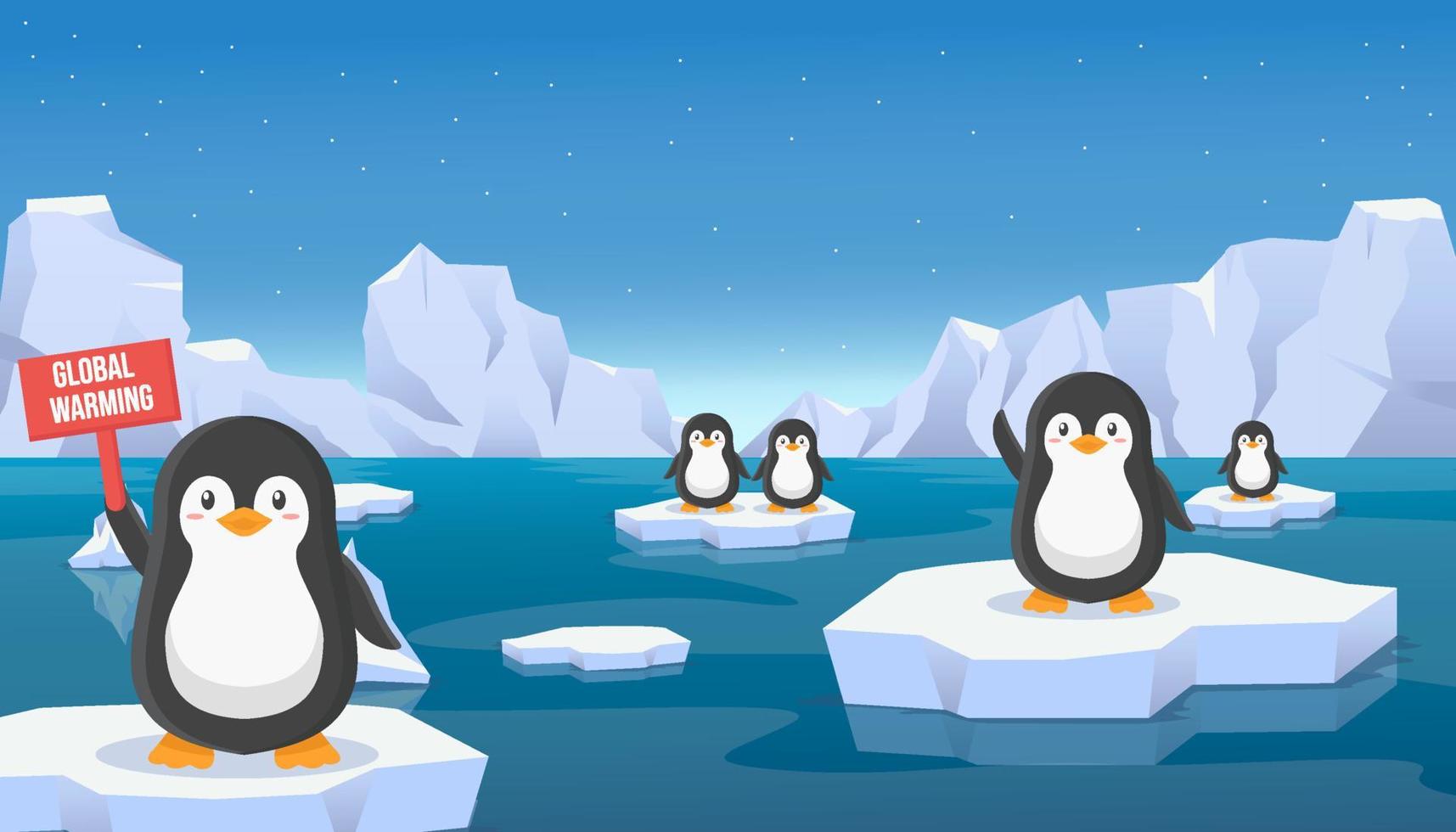 pingüinos sosteniendo pancartas sobre el calentamiento global de pie sobre hielo flotante en el paisaje del hielo ártico vector