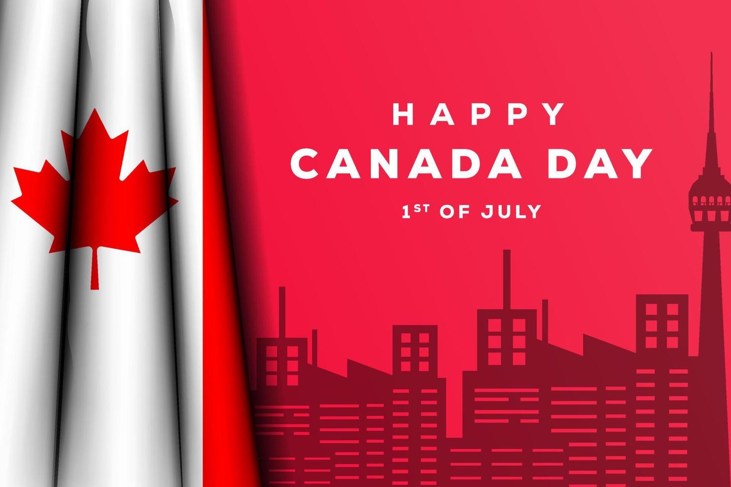 canada day illustration with realistic canadian flag and silhouette landmark building vector