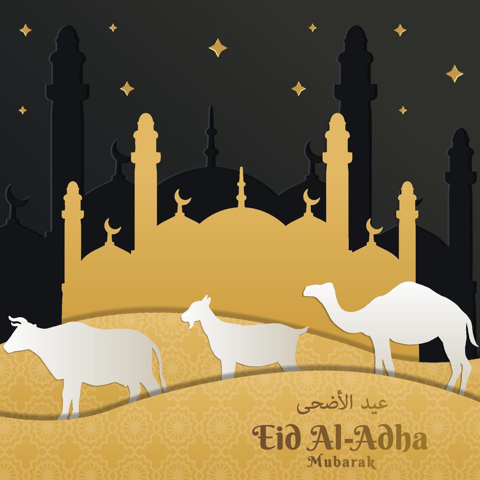 eid al adha mubarak illustration greeting card in paper cut art style vector