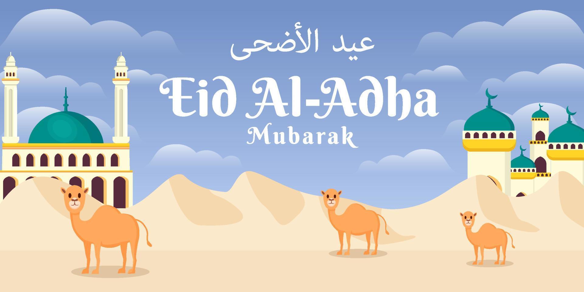 flat eid al adha background illustration in desert with mosque and three cute camel vector