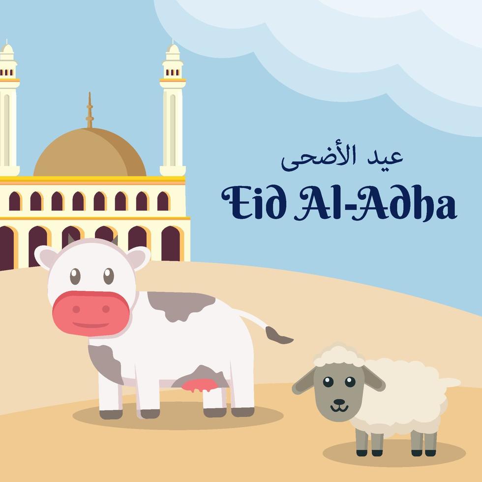flat eid al adha illustration in desert with mosque and cute cow and sheep vector