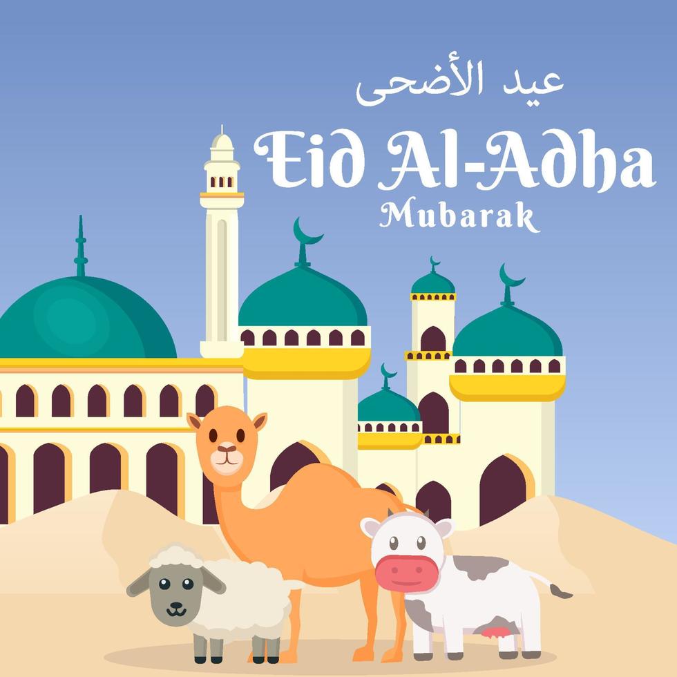 flat eid al adha mubarak illustration greeting card with cute camel, cow, and sheepflat eid al adha mubarak illustration greeting card with cute camel, cow, and sheep vector