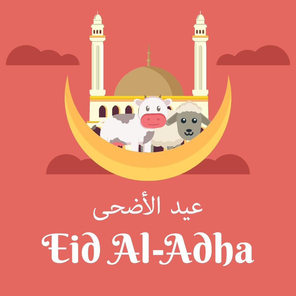 flat eid al adha illustration with cute cow and sheep on the moon vector