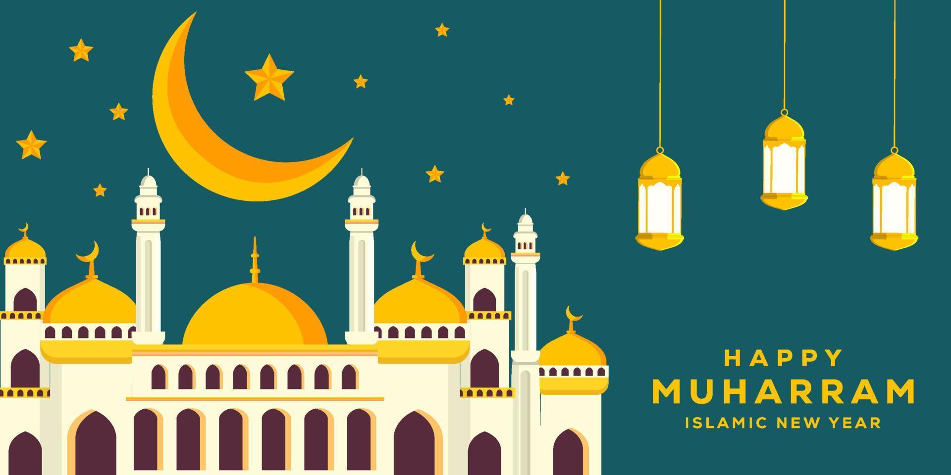 flat happy muharram and islamic new year background illustration with mosque, moon, and stars vector