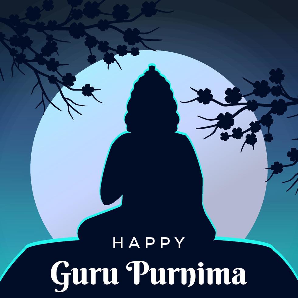 feliz gurú purnima silueta en la noche ilustración sobre fondo de luna llena vector