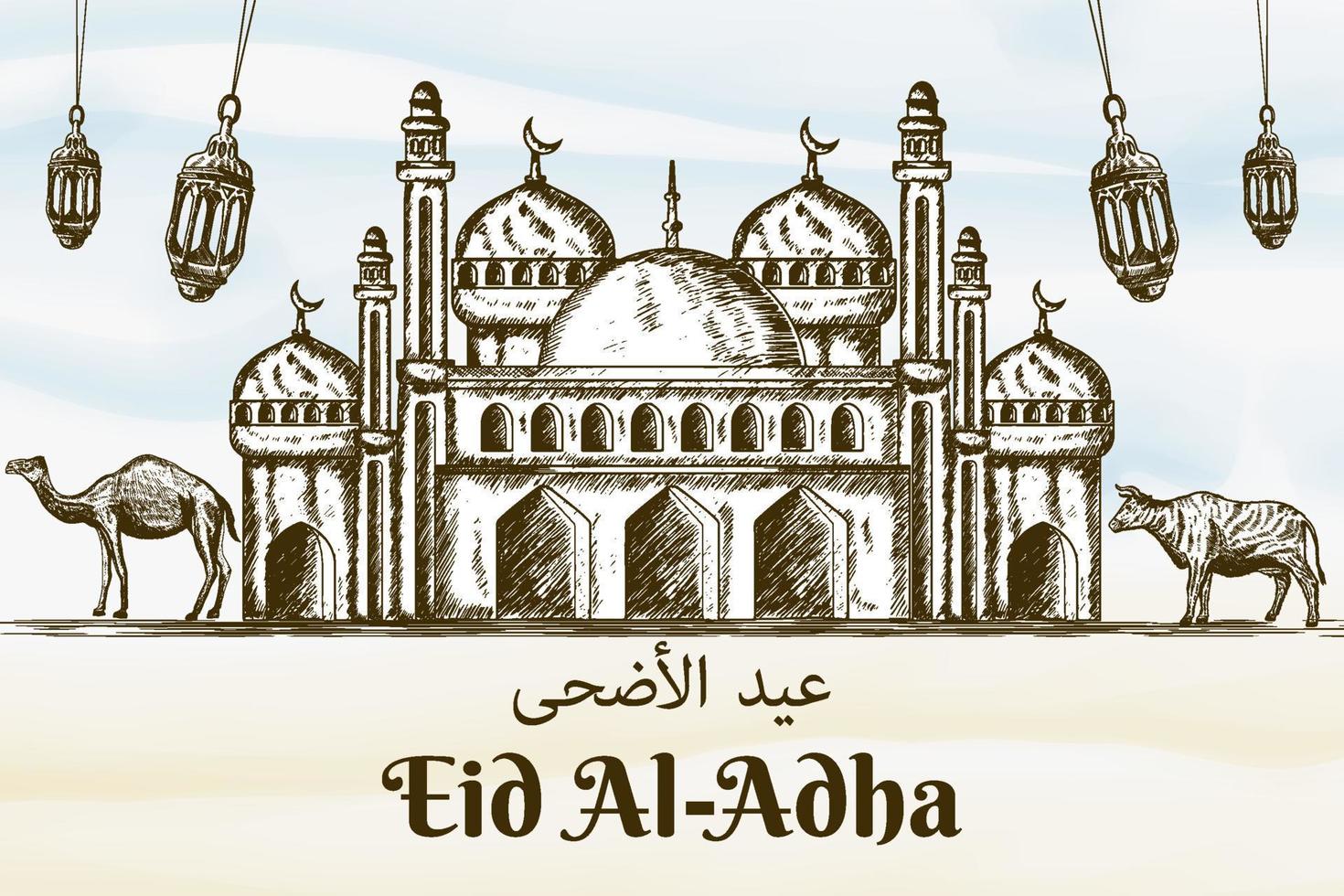 hand drawn eid al adha illustration background with camel, cow, and mosque vector