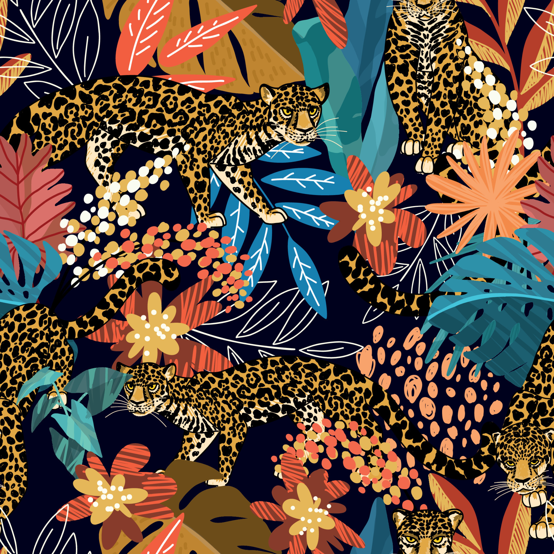 Tropical seamless pattern with panthers, hand drawn vector 8213275 ...