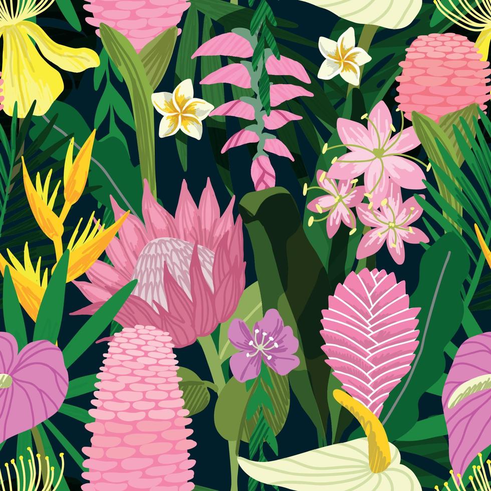 Tropical seamless pattern with pink tropical flowers including ginger and protea. vector