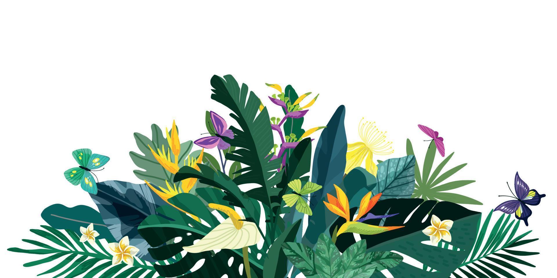 fondo floral tropical, exuberante follaje tropical y flores vector