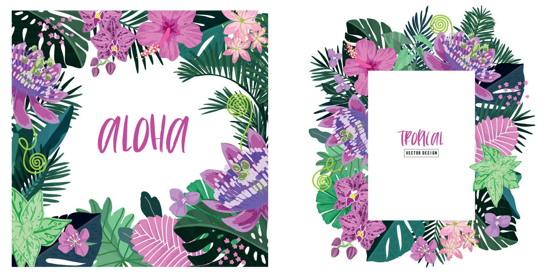 Two floral frames. Tropical leaves and pink tropical flowers vector