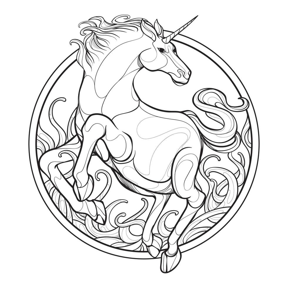 Cute beautiful magic unicorn surrounded with flowers and butterflies. Vector black and white illustration for coloring page.