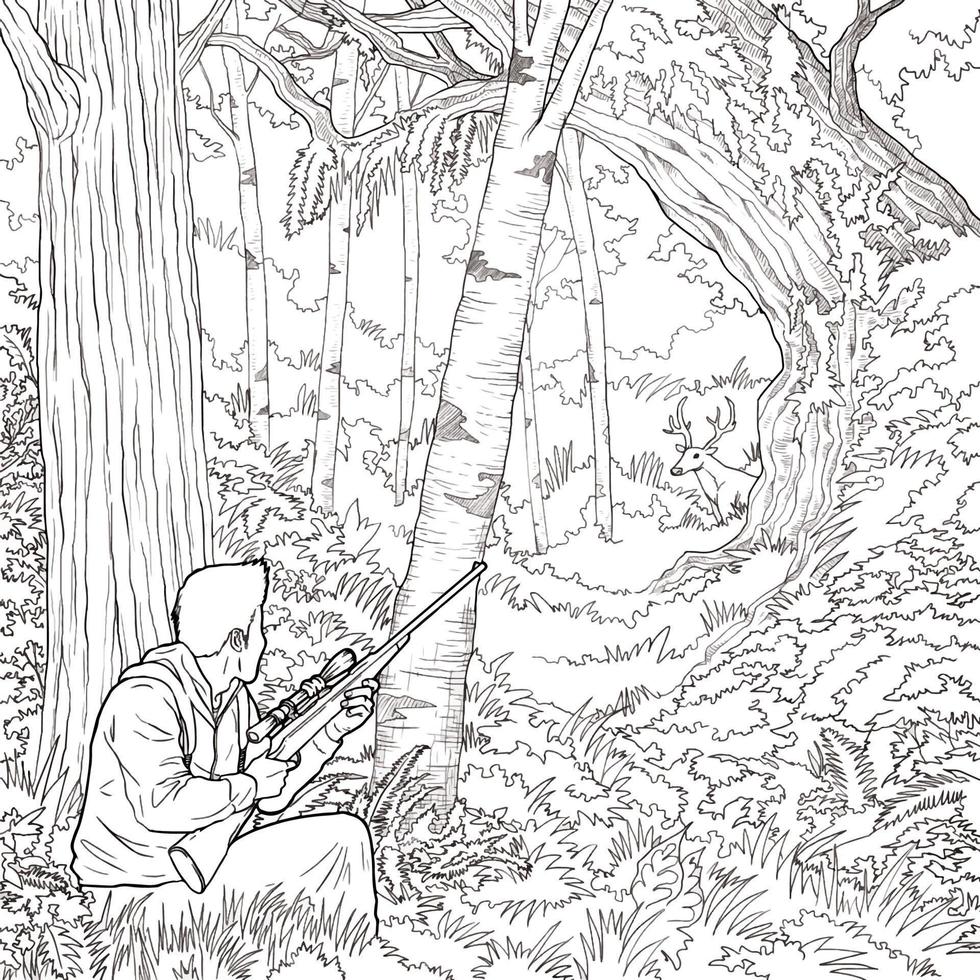 hombre cazando en el bosque esperando su trofeo en el prado, un cazador con su rifle en el bosque primaveral, cazador sosteniendo un rifle y esperando a su presa, cazador apuntando y disparando página para colorear vector