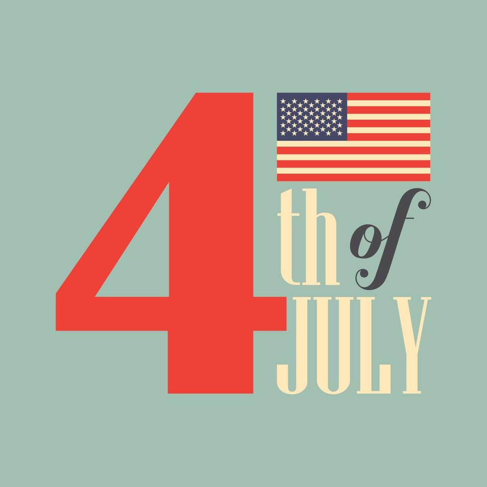 Happy Fourth July holiday in USA. American Independence Day greeting card, banner, poster with United States flag, stars and stripes. Patriotic number 4 on white background. Vector illustration