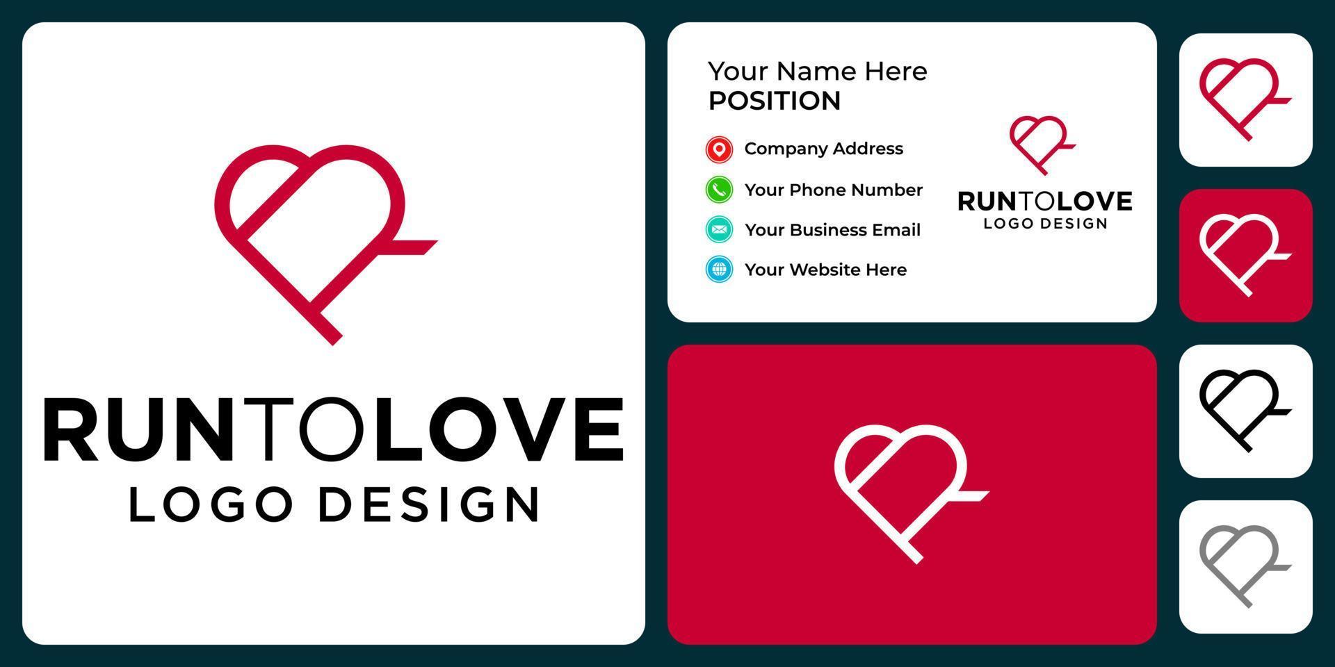Letter R monogram love logo design with business card template. vector