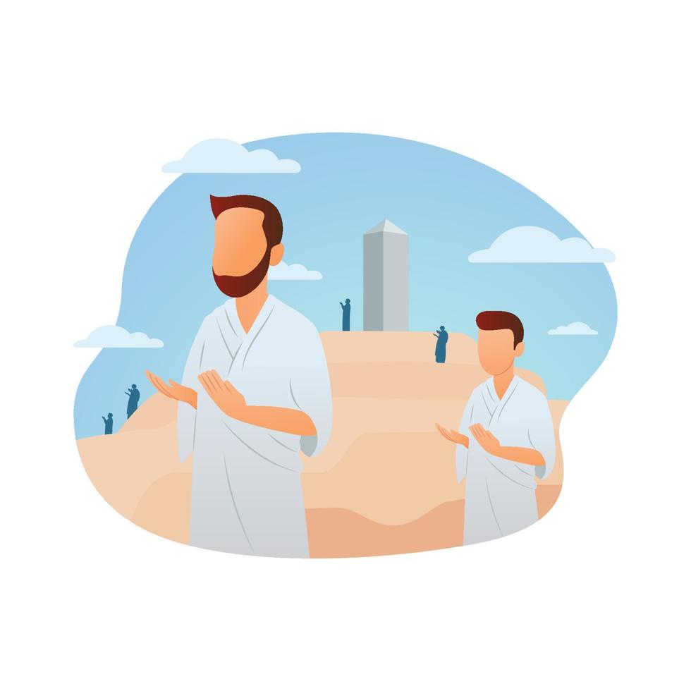 Hajj pilgrims praying at Arafah to perform wukuf vector