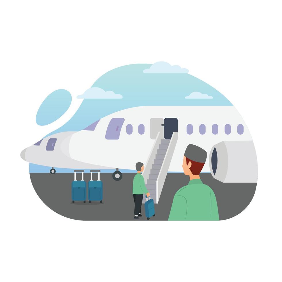 Muslim people take a plane to return homeland after performing Hajj vector illustration