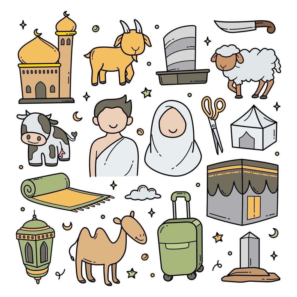 hajj y umrah doodle dibujado a mano dibujos animados musulmanes vector