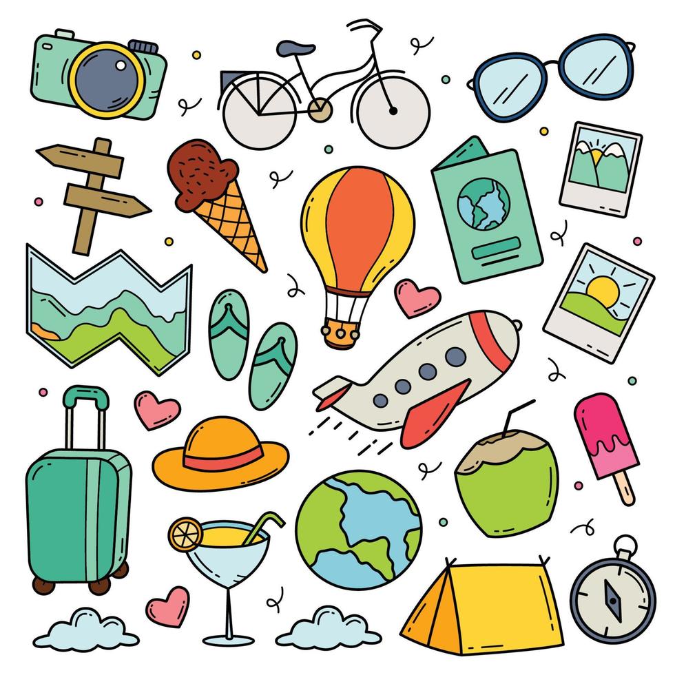 Set of hand drawn travel doodle objects vector illustration