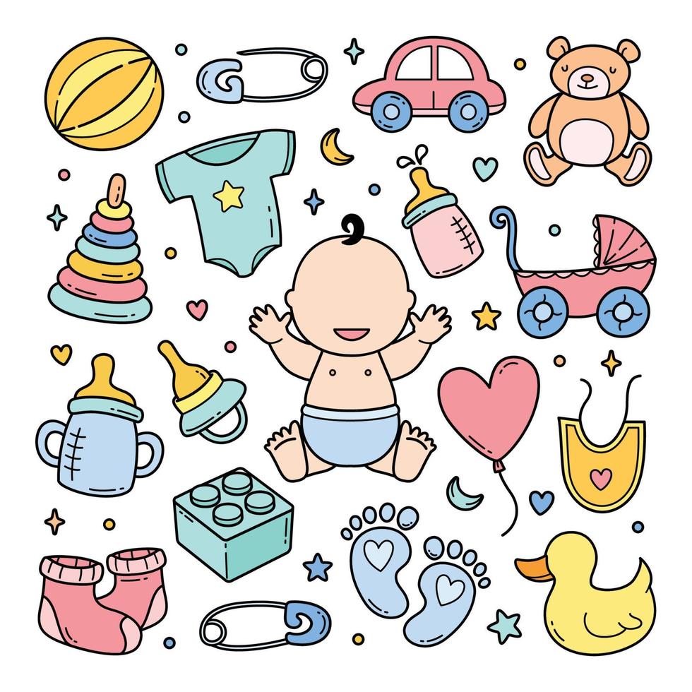 Baby accessories doodle hand drawn vector clip art objects