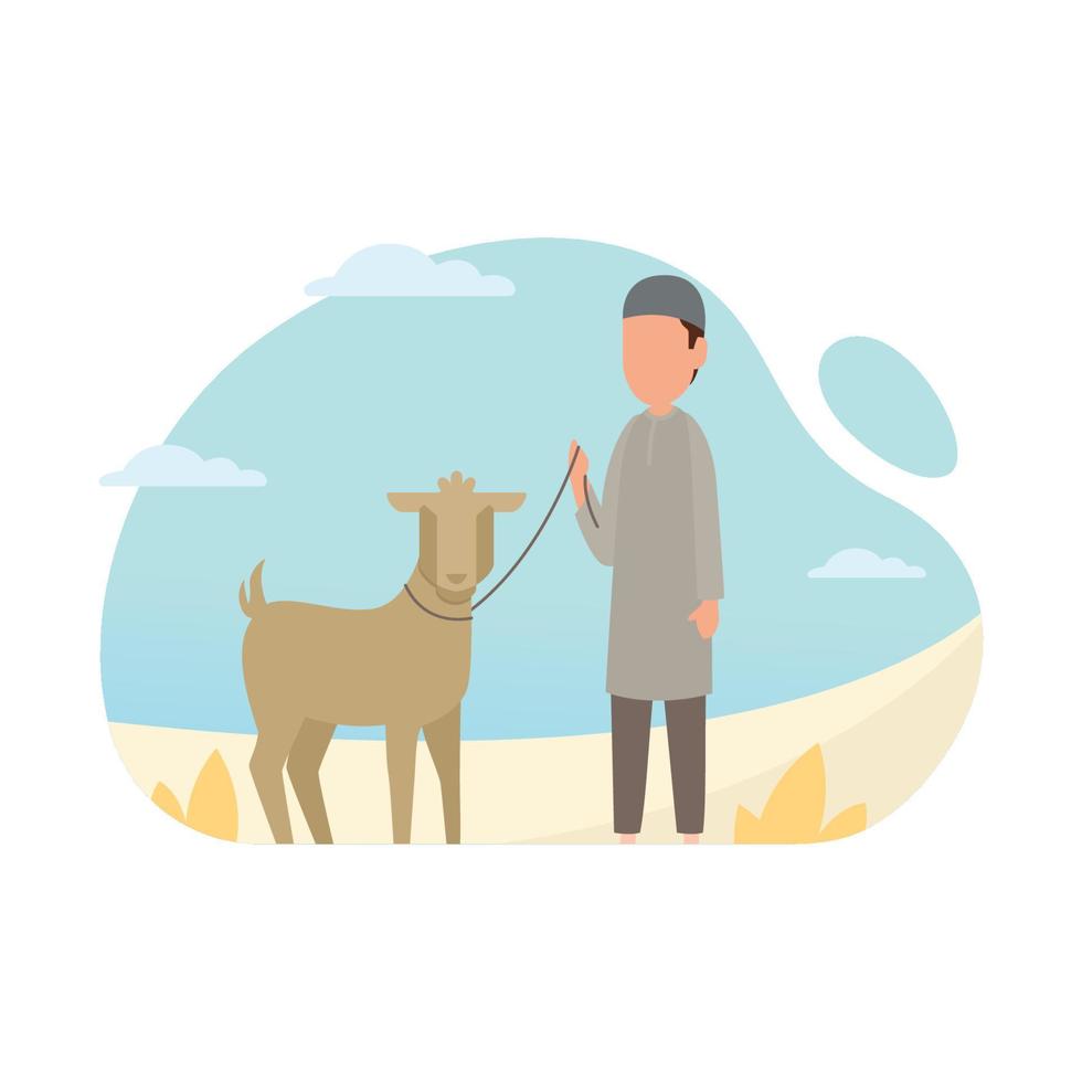 Cute eid al-adha background illustration with man bring goat vector