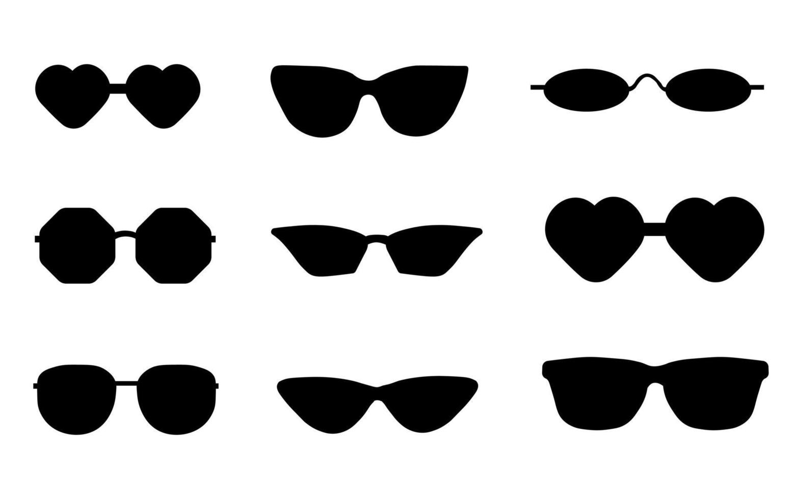 Black silhouette of a set of glasses. A set of blue frame sunglasses with black and dark lenses. vector