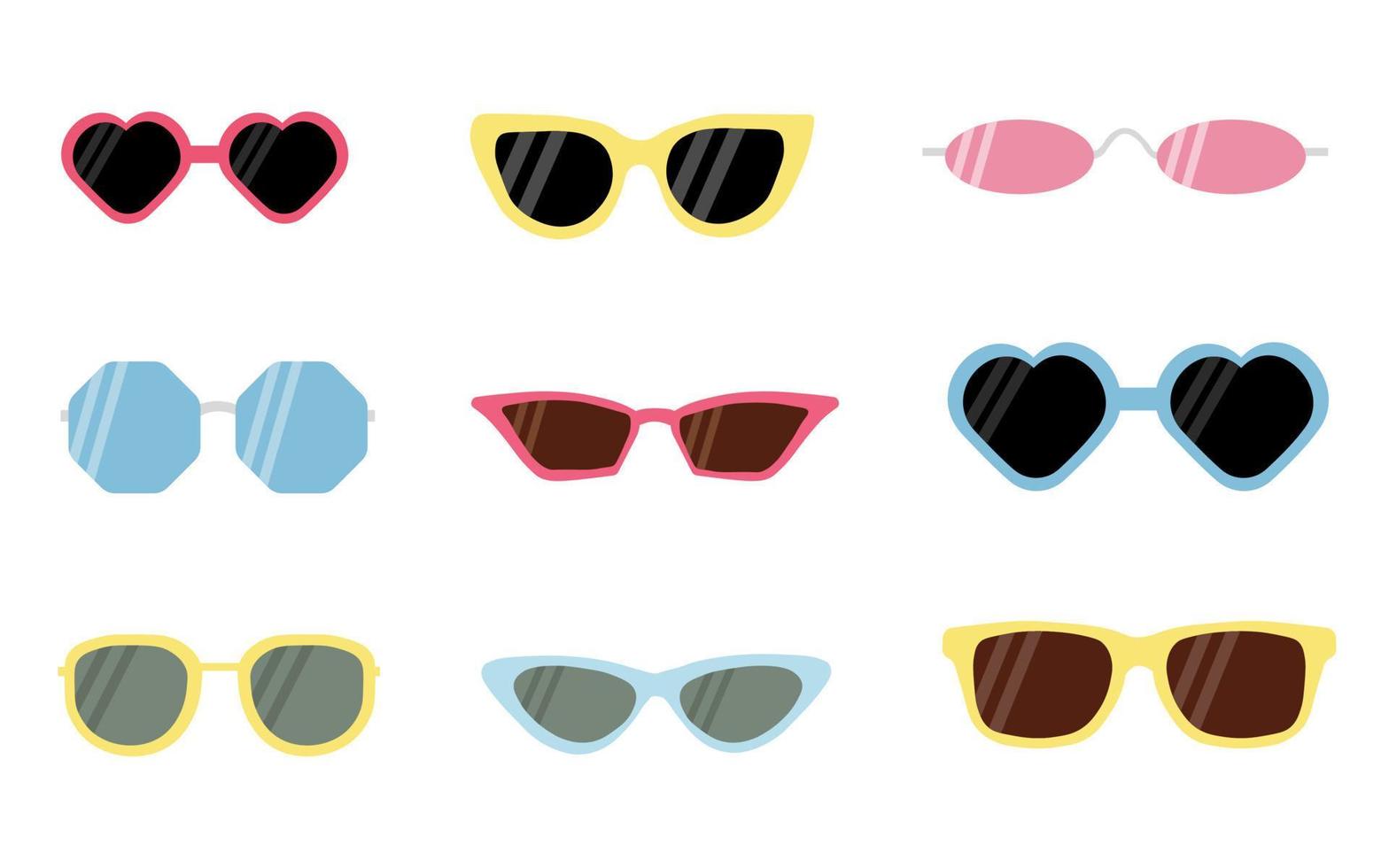 A set of pink, blue and yellow frame sunglasses with black and dark lenses. Vector illustration in flat style