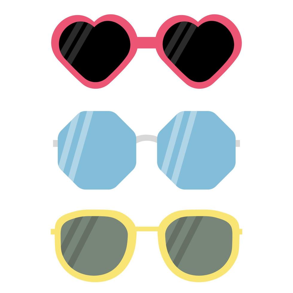 un conjunto de gafas de sol con montura rosa, azul y amarilla con lentes negros y oscuros. ilustración vectorial en estilo plano vector