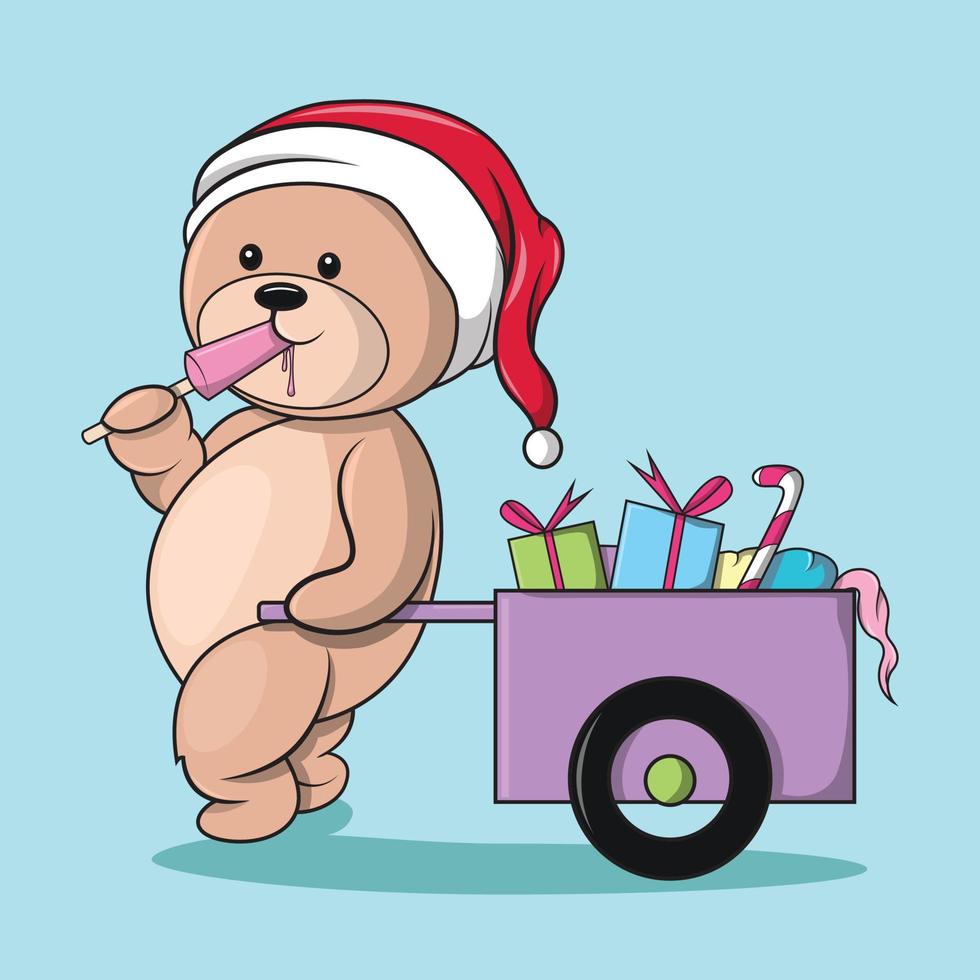 un oso comiendo helado mientras distribuye regalos en navidad vector