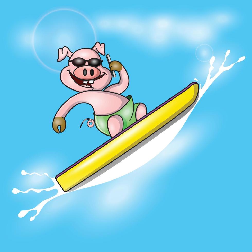 a cute pig is surfing vector