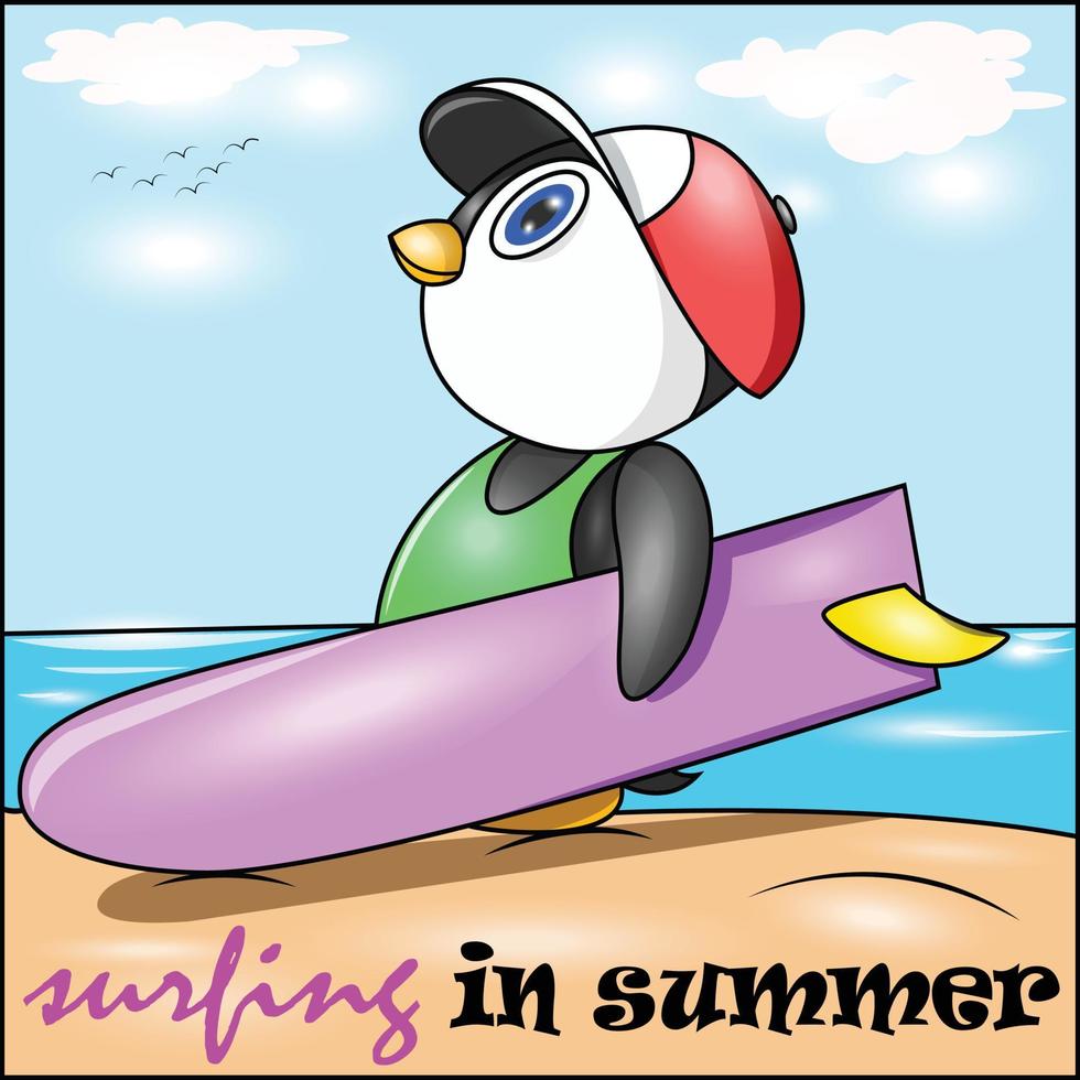 a penguin prepares to surf on the beach vector