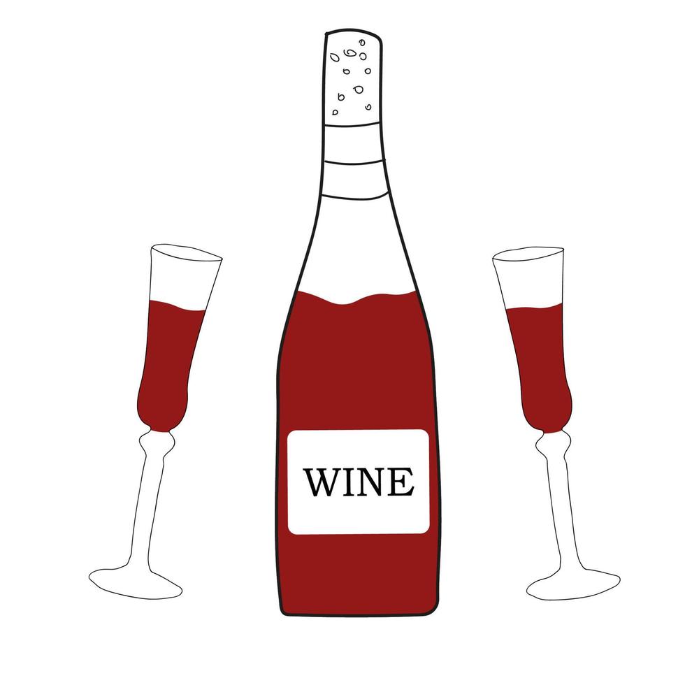 vino tinto en una botella y dos copas con vino. ilustración vectorial en estilo garabato. vector