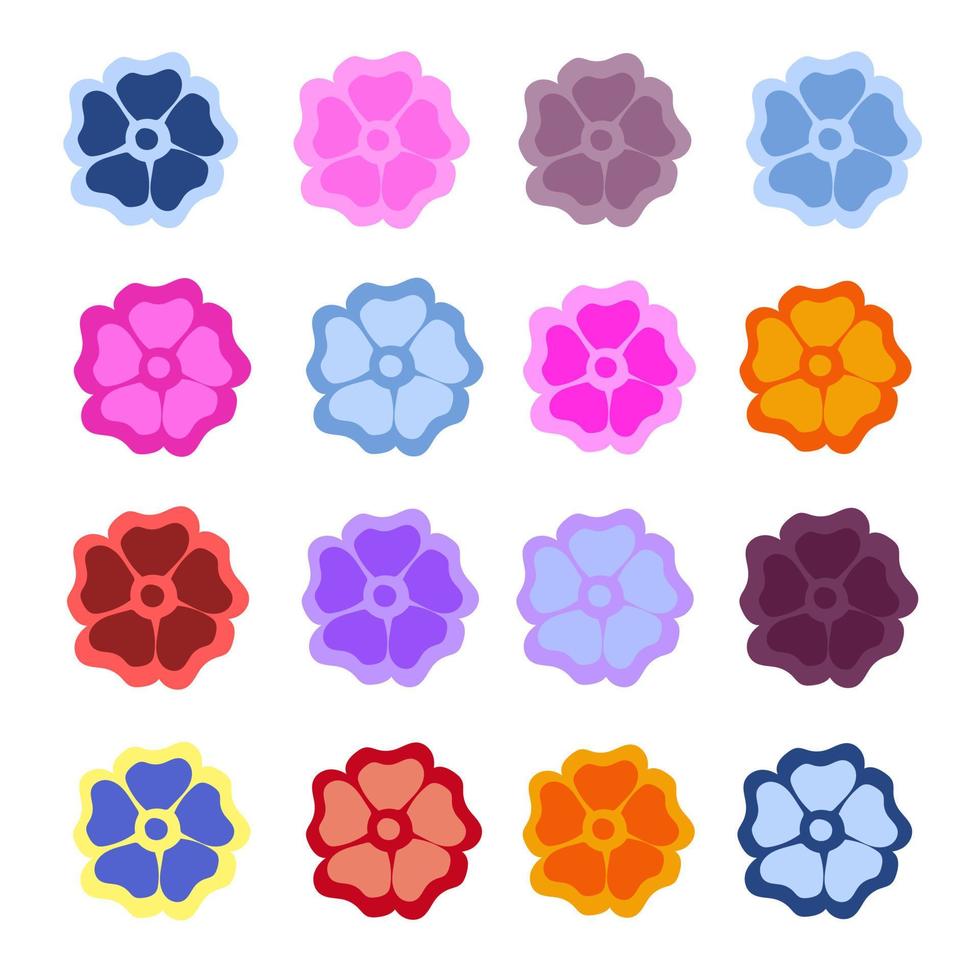 Set of vector illustrations with abstract flowers in blue, pink and orange. Minimalist flat