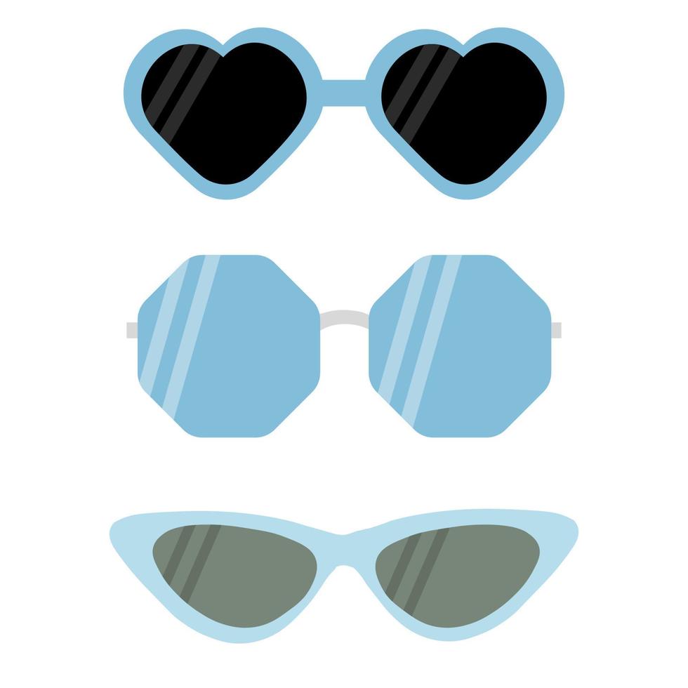 A set of blue frame sunglasses with black and dark lenses. Vector illustration in flat style