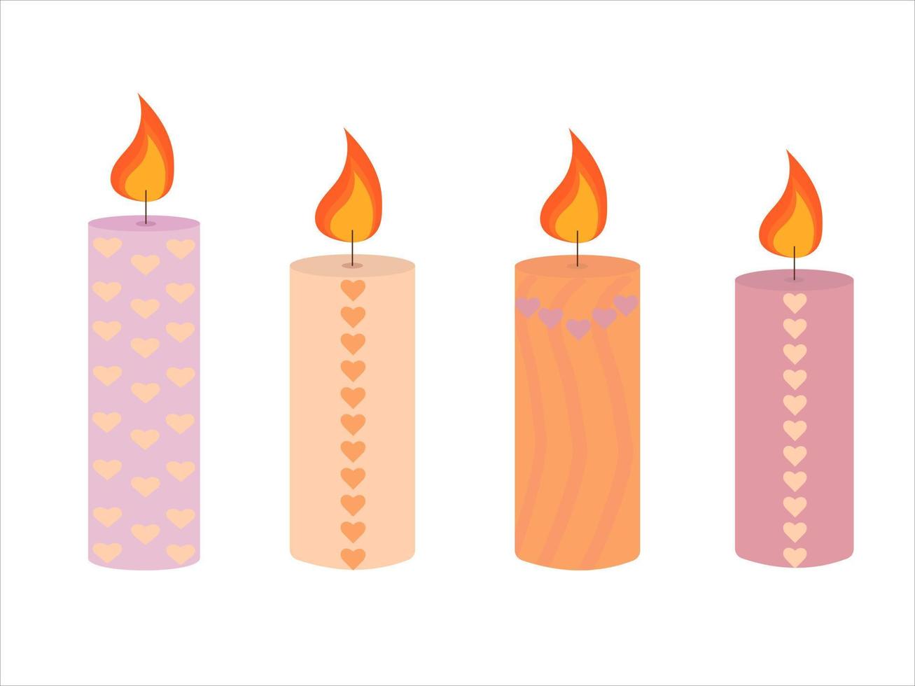 Burning cute wax and paraffin scented candles. Candles decor for home and comfort, holiday vector