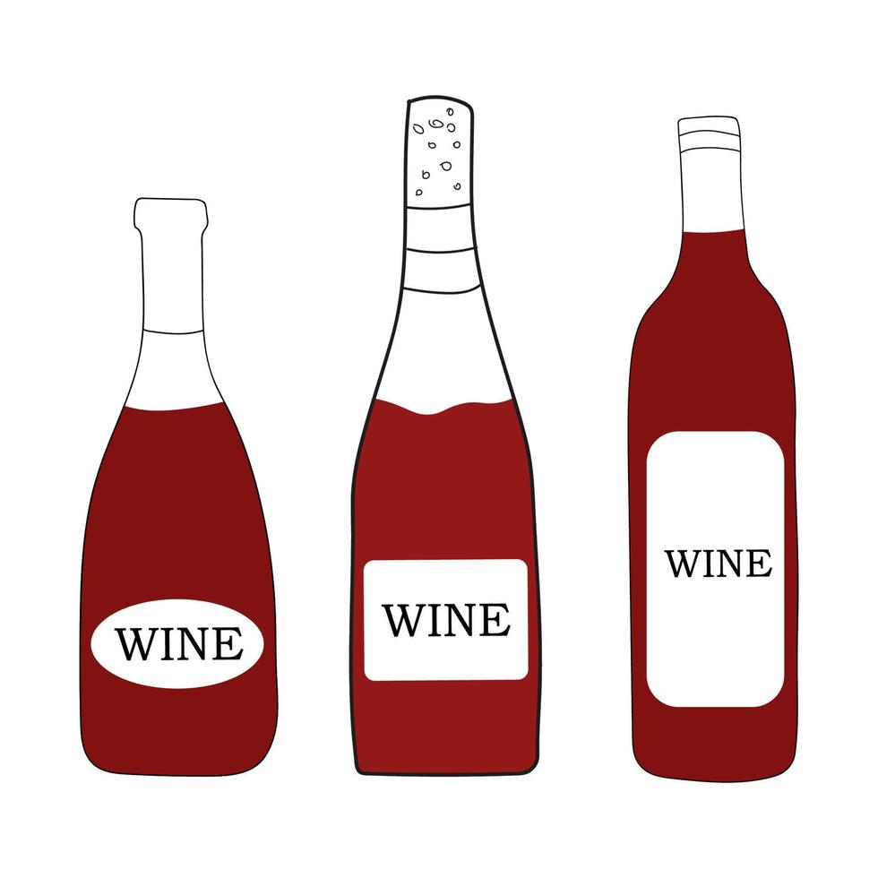 vino tinto en botellas .vector ilustración en estilo doodle. diferentes tipos de botellas de vino. vector