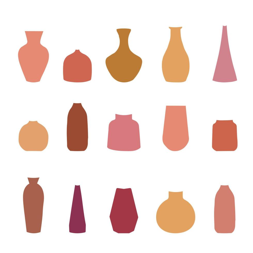 Set of boho vases with orange-pink shades. Boho style home decor vector