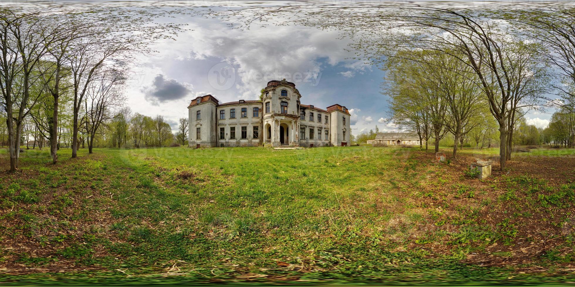 full 360 degree panorama in equirectangular spherical projection old abandoned medieval castle in sunny day, VR content photo