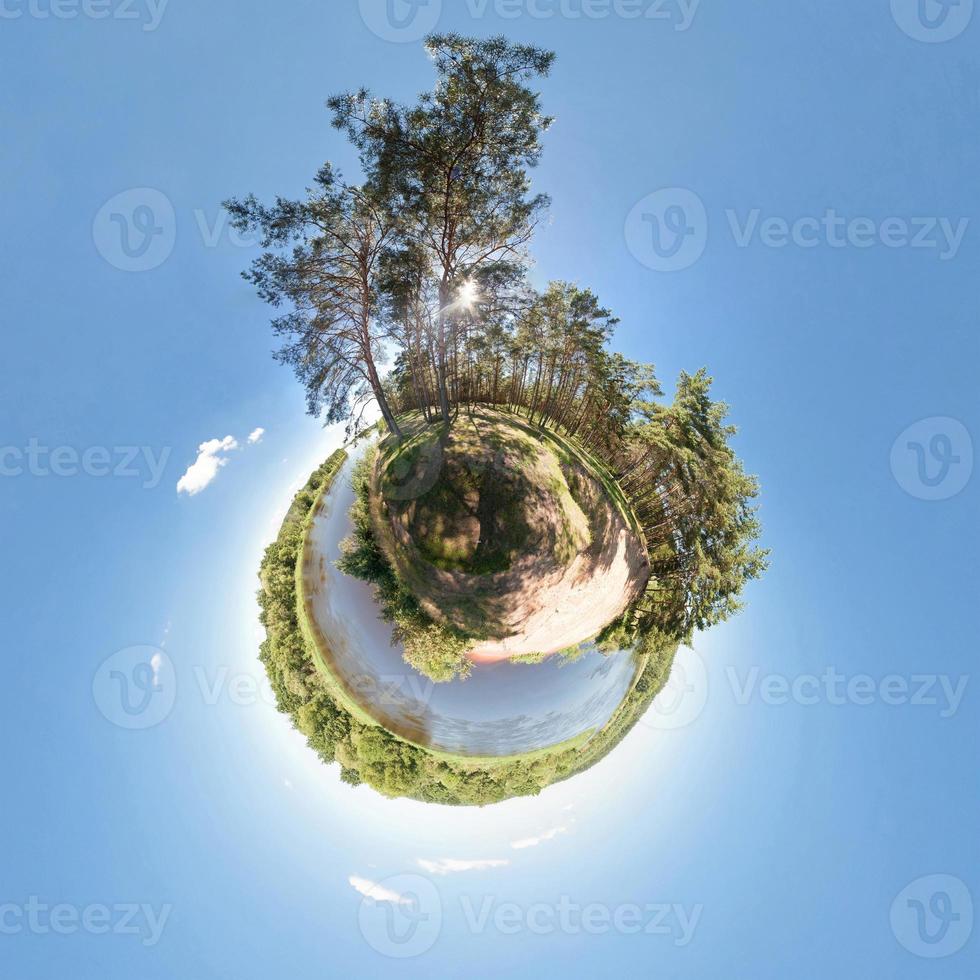 Little planet.  Spherical aerial view  in forest near river in nice day with nice clouds photo