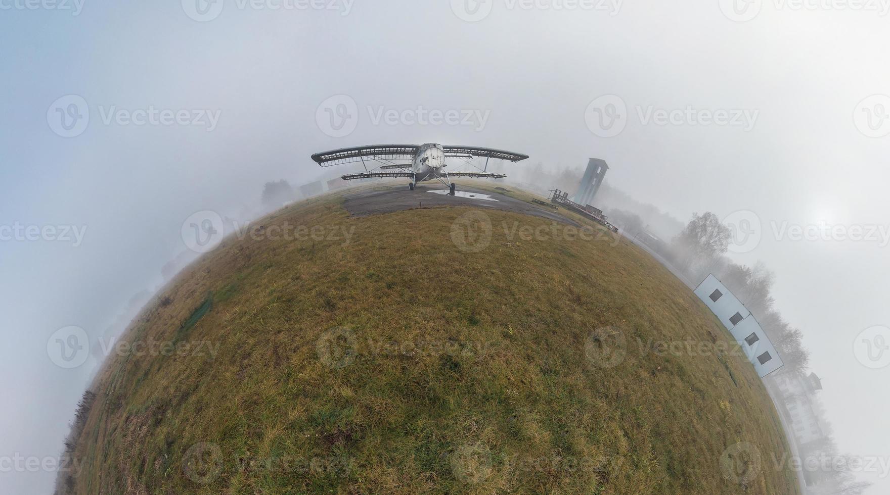 spherical panorama of half the globe with an old airplane photo