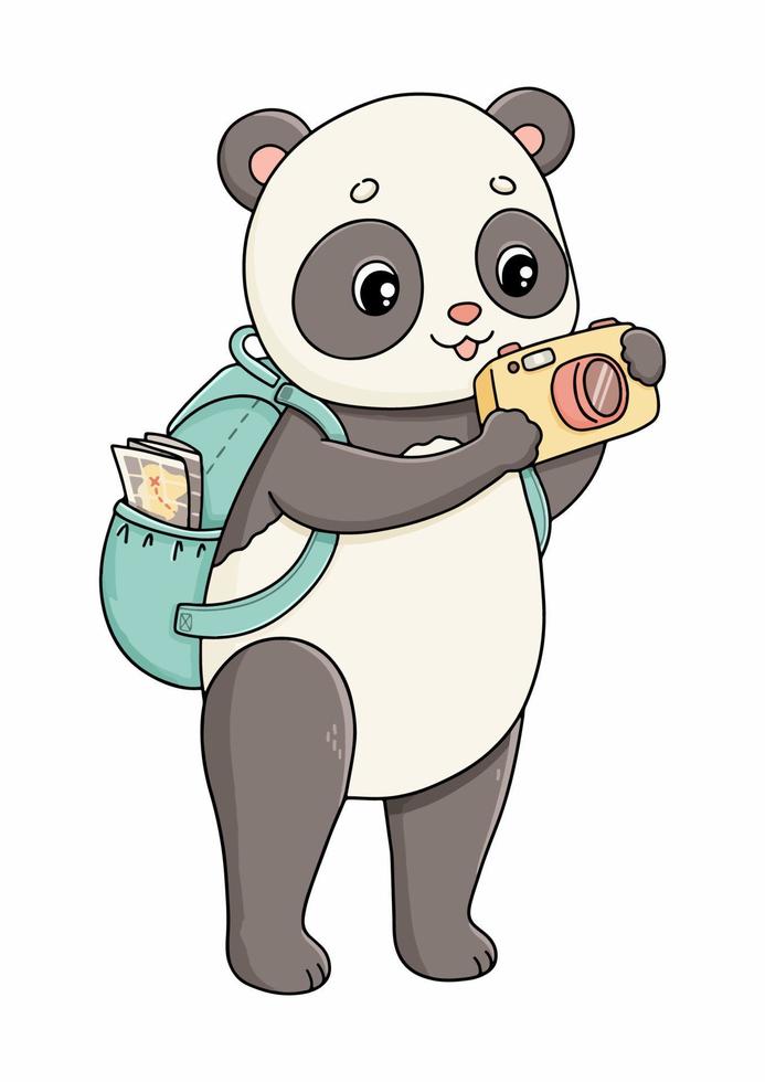 Summer time panda with camera and backpack map vector illustration