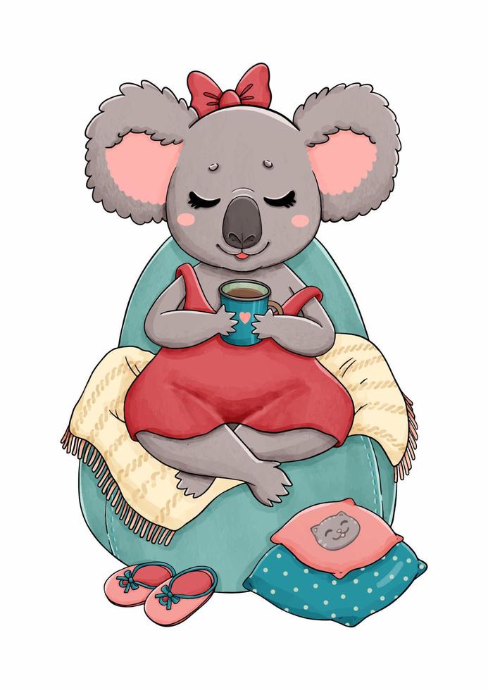 Koala sitting on a chair with warm drink vector