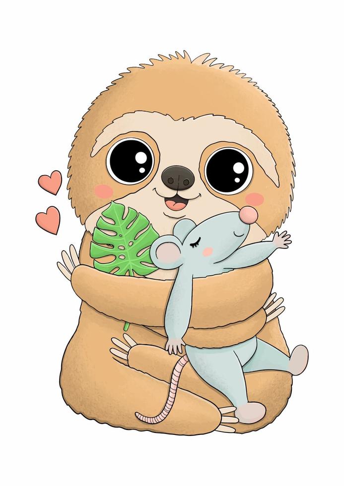 Cute baby sloth with monstera leaf and rat toy vector illustration
