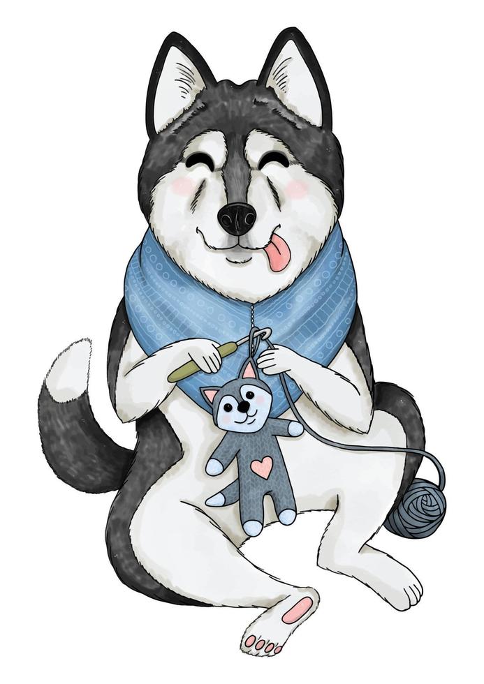 perro husky tejiendo una ilustración de vector de juguete husky para amantes de tejer y crochet